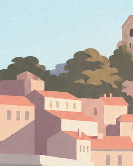 Les toits orange et les façades roses du quartier, sous les pins et le clocher