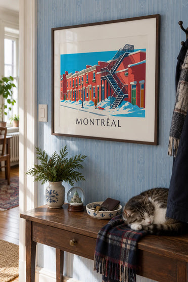 Affiche escaliers du Plateau-Mont-Royal sous la neige à Montréal : encadrée au mur