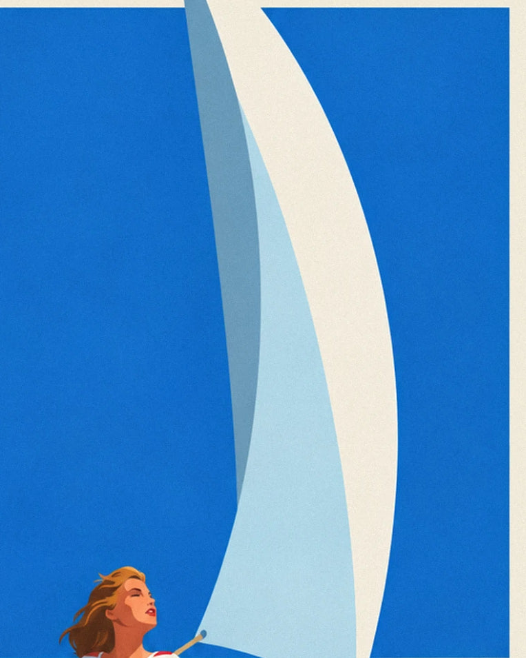 Affiche pin-up sur le pont d'un voilier en pleine mer : détail en gros plan