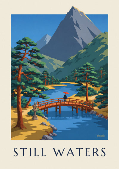 Affiche pont japonais rouge et lanterne de pierre au bord d'une rivière : l'affiche entière