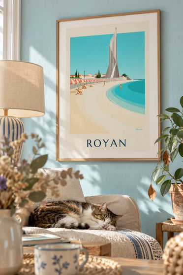 Affiche plage de Royan, baigneurs et clocher de Notre-Dame : encadrée au mur