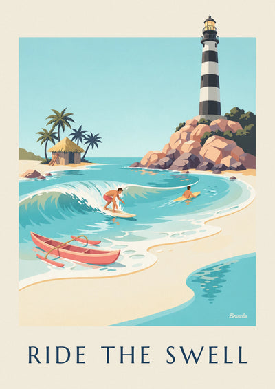Affiche surfeur sur une vague turquoise et crique tropicale : l'affiche entière