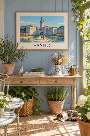 Affiche jardinier devant la porte Poterne et les remparts de Vannes : encadrée au mur