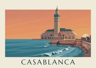 Affiche mosquée Hassan II face à l'océan au coucher du soleil : l'affiche entière