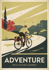 Illustration rétro d'un cycliste sur route sinueuse en nature