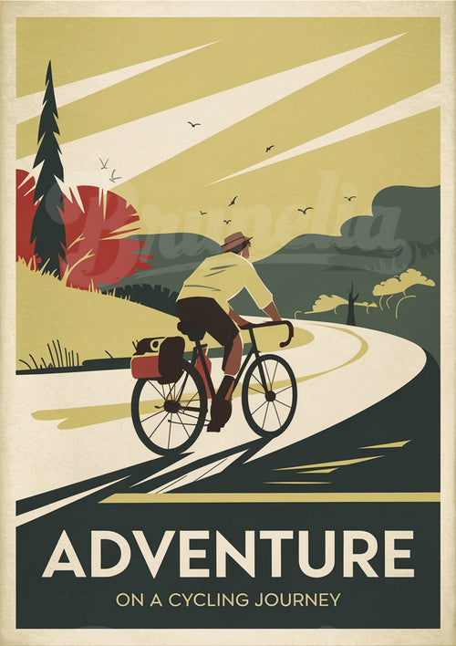 Illustration rétro d'un cycliste sur route sinueuse en nature