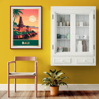 Affiche Bali temple balinais coucher de soleil Art déco