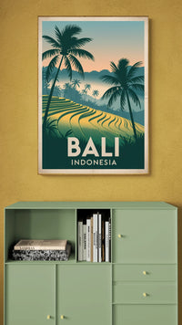 Affiche Bali rizières tropicales et palmiers coucher soleil