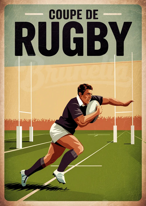 Affiche joueur de rugby dynamique sur terrain rétro