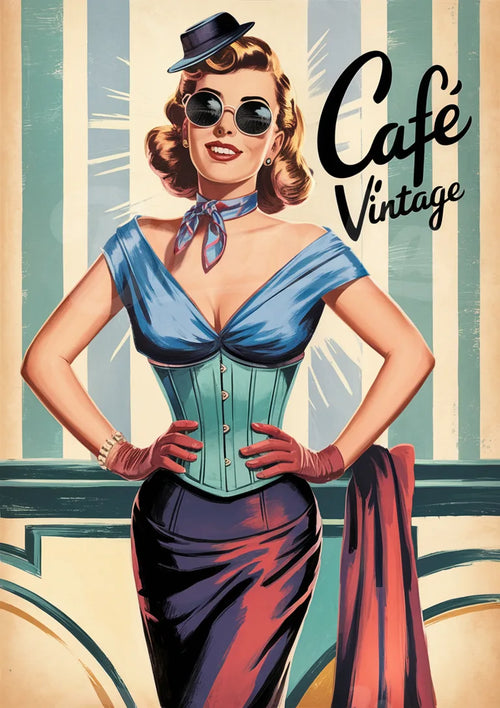 Affiche Femme Élégante Style Années 50 - Corset Turquoise