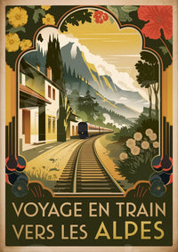 Affiche artistique – Voyage en train dans un décor alpin