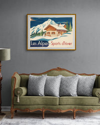Affiche Les Alpes hiver chalet montagne enneigé rétro