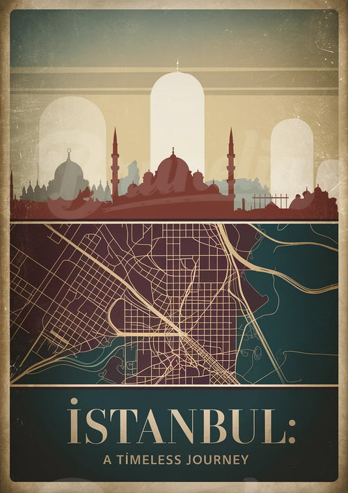 Affiche Istanbul rétro – Carte dorée et silhouette au coucher du soleil