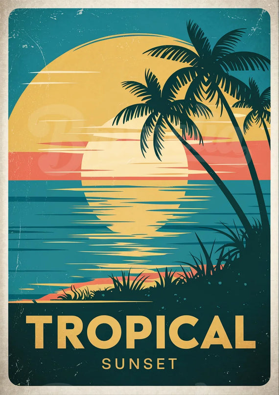 Affiche vintage coucher de soleil sur l’océan