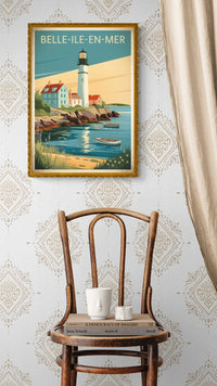 Affiche Belle-Île-en-Mer phare et maisons bretonnes