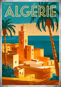 Illustration artistique ensoleillée - Minaret algérien et palmiers