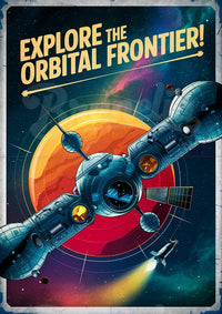 Affiche satellite exploration spatiale rétro futuriste
