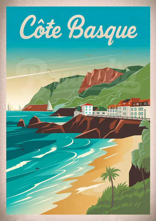 Affiche Côte Basque – Vue côtière avec falaises verdoyantes
