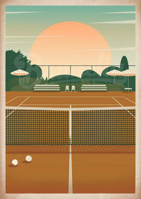 Affiche court de tennis rétro coucher de soleil