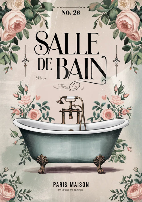 Affiche Rétro baignoire sur pieds et roses Salle de bain