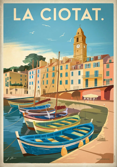 Affiche artistique du port de La Ciotat - Bateaux et façades pastel