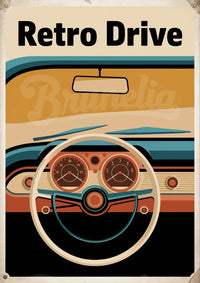 Affiche retro route et tableau de bord automobile