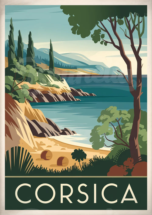 Illustration côtière en Corse – Pins, rochers et mer azur