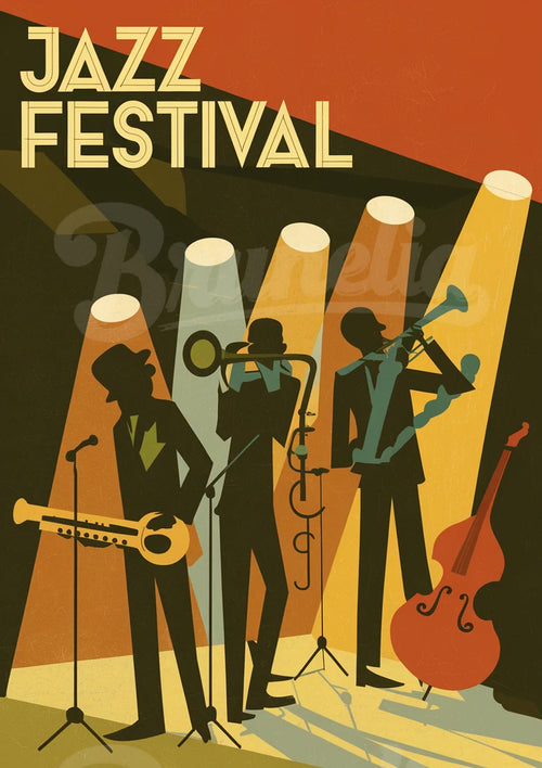 Illustration rétro – Musiciens de jazz sur scène colorée