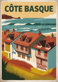 Affiche Côte Basque maisons traditionnelles et paysage côtier