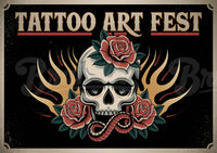Affiche Tattoo Art Fest crâne roses et ailes dorées