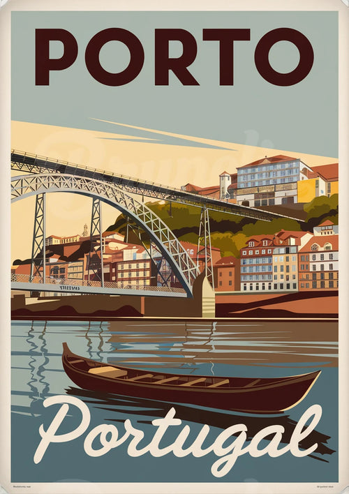 Affiche Porto Portugal bateau Douro vintage