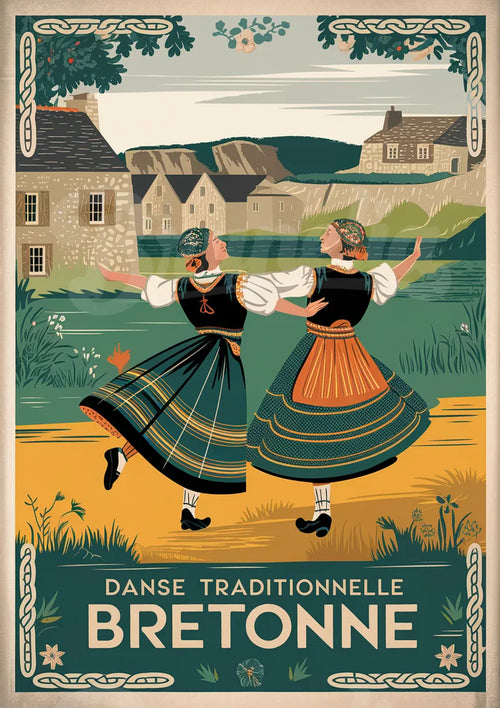 Illustration folklorique bretonne – Danseuses en habits traditionnels