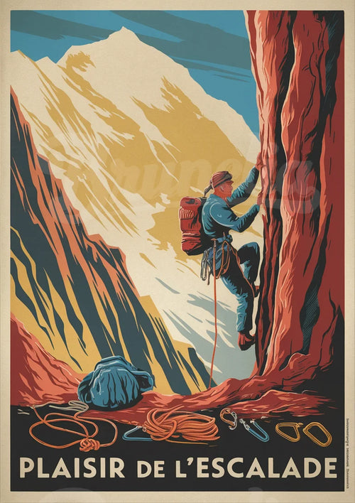 Affiche escalade alpiniste vintage montagne rocheuse