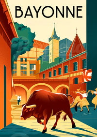 Affiche Taureau et Danse Traditionnelle - Ambiance Basque
