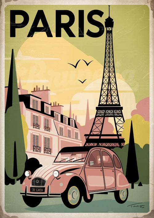Illustration rétro – 2CV rose devant la Tour Eiffel