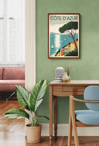 Affiche Côte d'Azur maisons colorées et voiliers style années 30