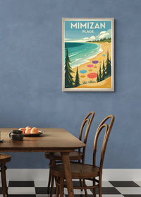 Affiche Mimizan Plage parasols colorés forêt côtière