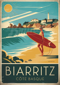 Affiche rétro – Femme avec planche de surf à Biarritz