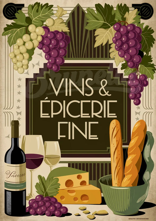 Affiche épicerie fine Art déco avec raisins et baguettes