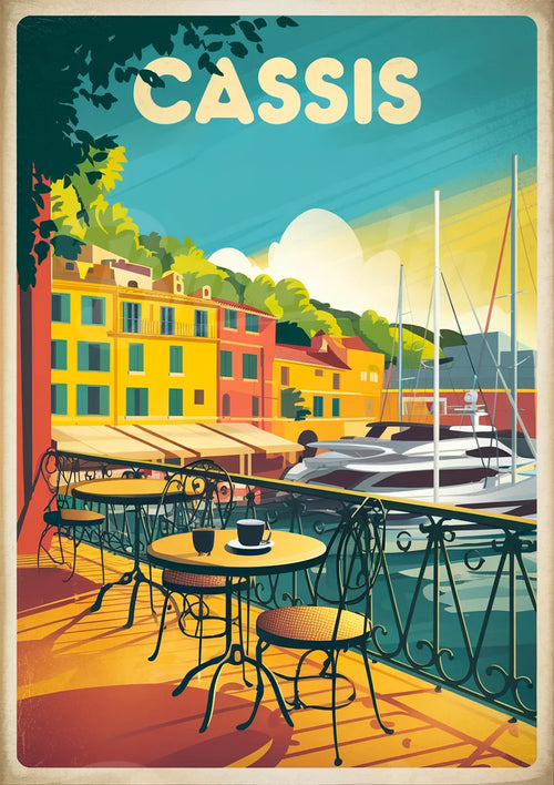 Affiche Cassis port méditerranéen terrasse couleurs pastel
