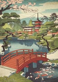 Affiche jardin japonais pont rouge et pagode