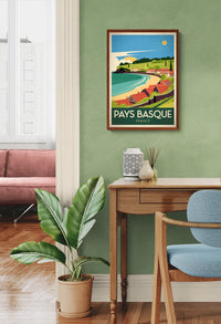 Affiche Côtier et village traditionnel style Art Déco Pays basque