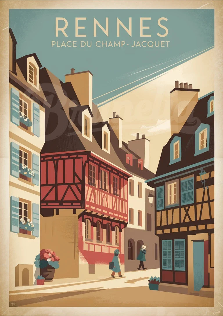 Affiche vintage Rennes, place du Champ-Jacquet, style Art déco