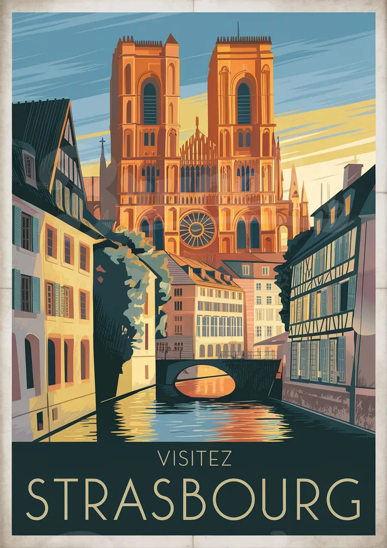 Affiche Art déco de la cathédrale de Strasbourg et de son pont médiéval