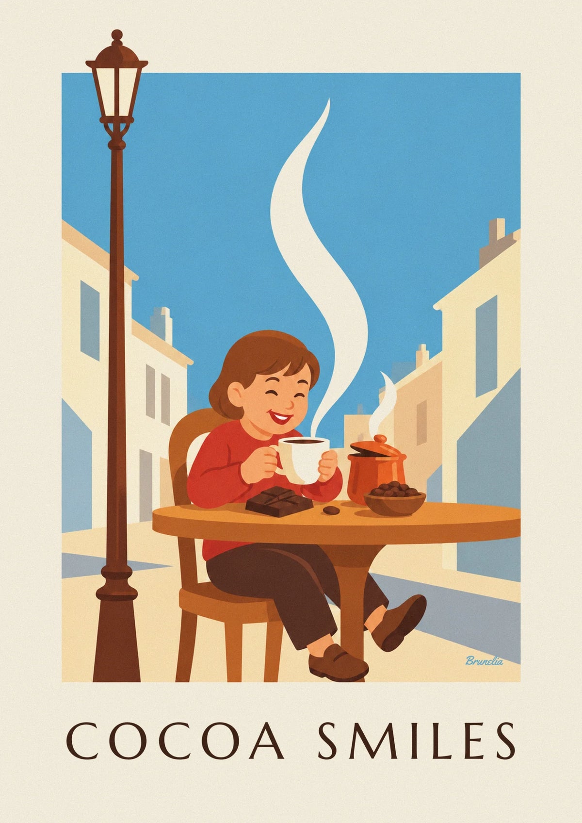 Affiche enfant souriant et tasse de chocolat chaud, idée de cadeau de Noël à petit prix