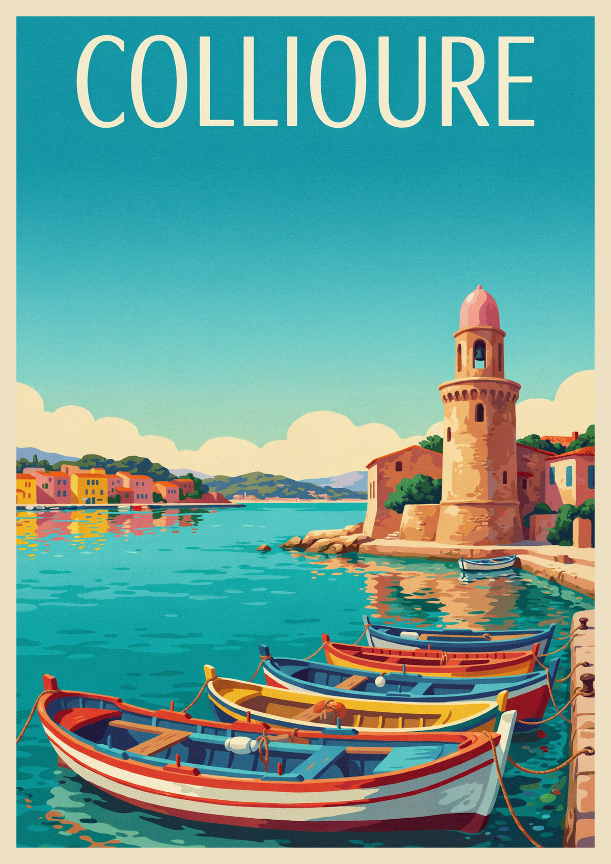 Affiche vintage Collioure, barques de pêche dans le port catalan