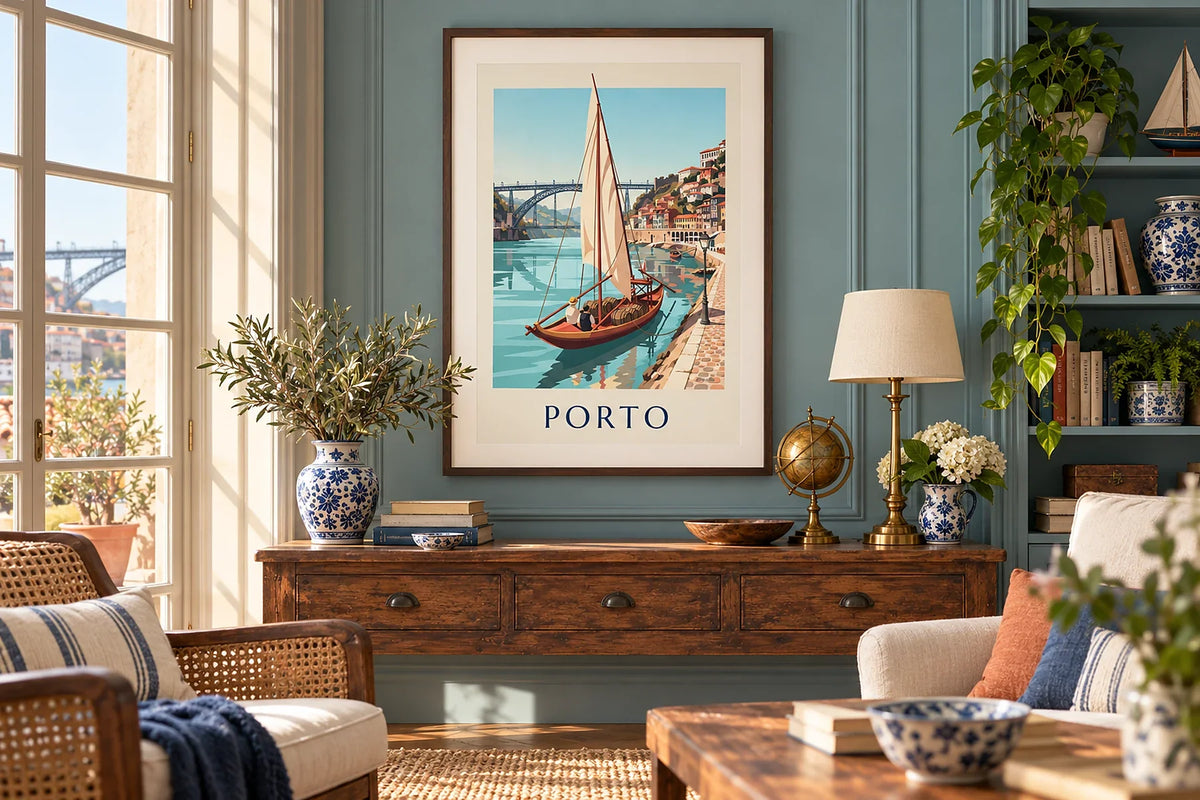 Affiches Lisbonne, Porto et Portugal vintage : tramway et pont Dom Luis