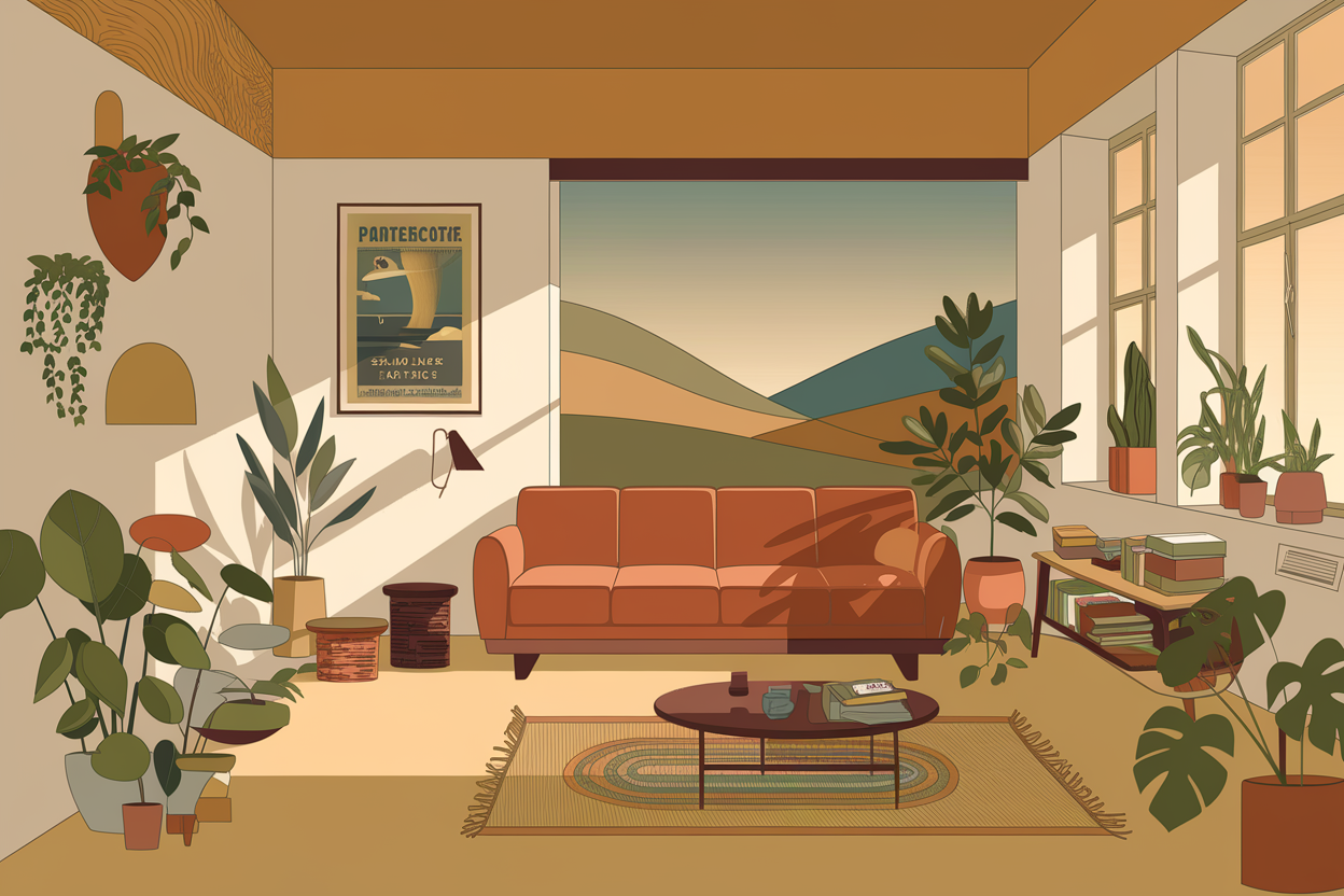 Salon vintage avec affiche encadrée illustration
