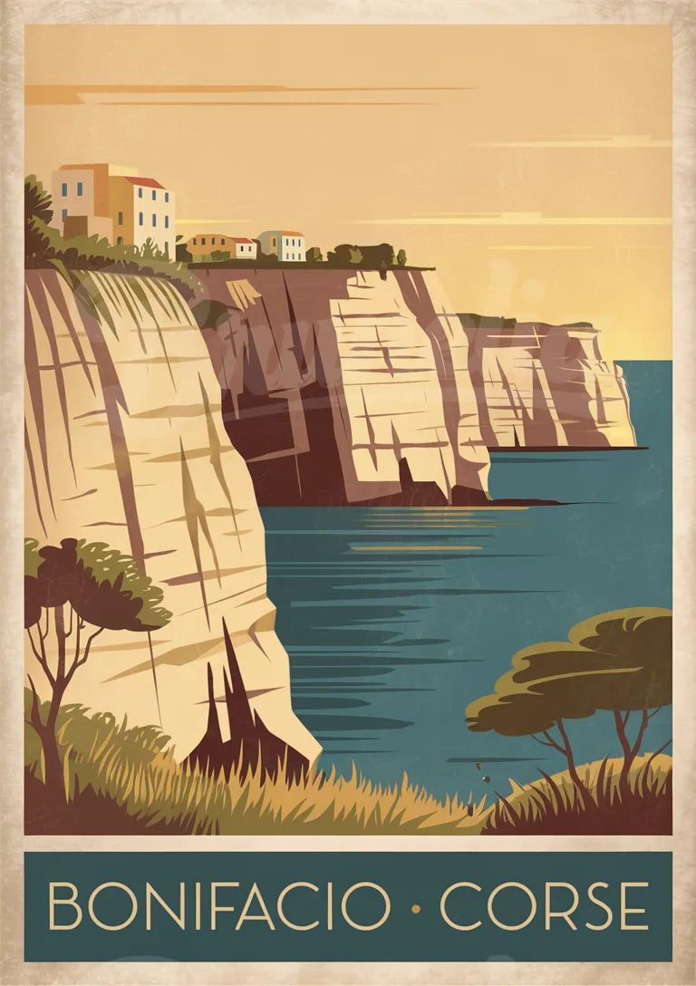Affiche vintage Bonifacio falaises calcaires Corse