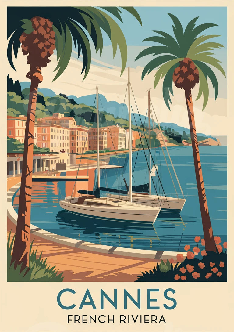 Affiche Cannes Côte d'Azur avec voiliers et palmiers